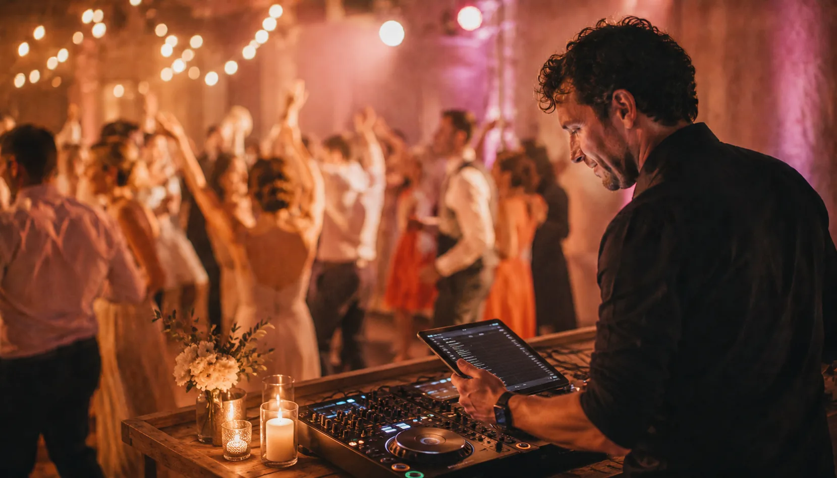 DJ s tabletem ovládá hudbu